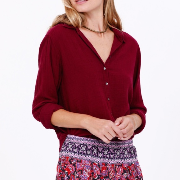 XIRENA Scout Muslin Cotton Burgundy Wine + Silver Lurex Shirt M - Picture 1 of 7